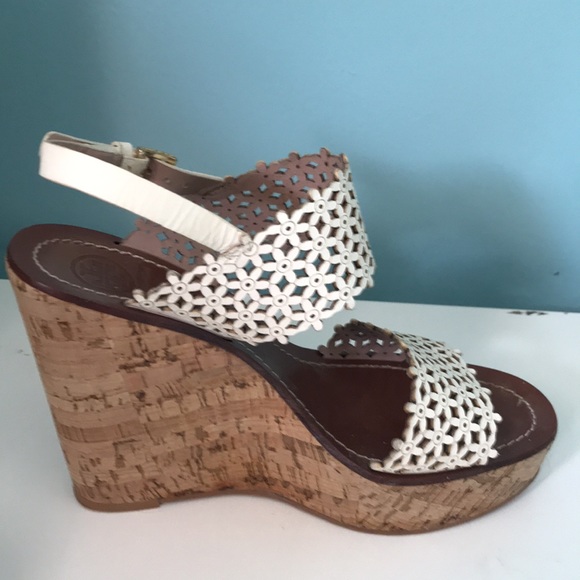 Tory Burch Cork platform wedge sandals ivory daisy cutout leather size 7.5 - Picture 8 of 8